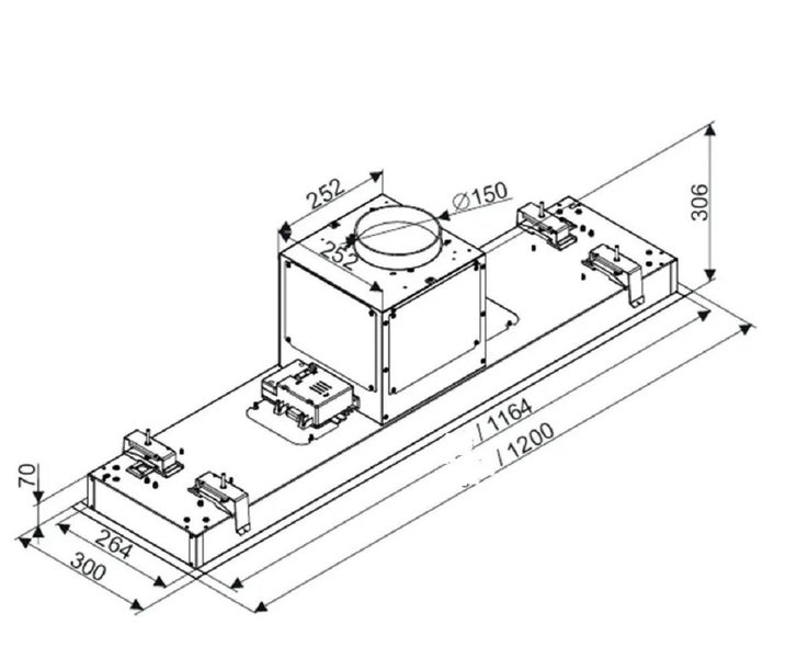 Maßzeichnung einer Dunstabzugshaube mit Angaben in Millimeter, Länge 1200 Millimeter, Breite 300 Millimeter und Höhe 306 Millimeter.