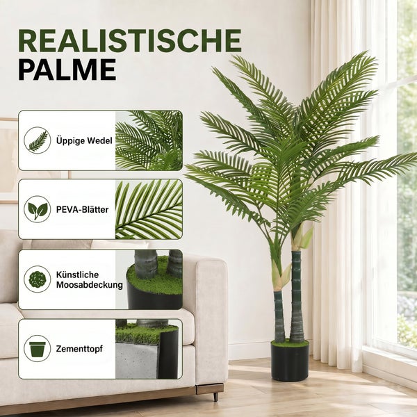 Realistische künstliche Palme mit PEVA-Blättern, üppigen Wedeln, Kunstmoos und Zementtopf in einem hellen Wohnzimmer.