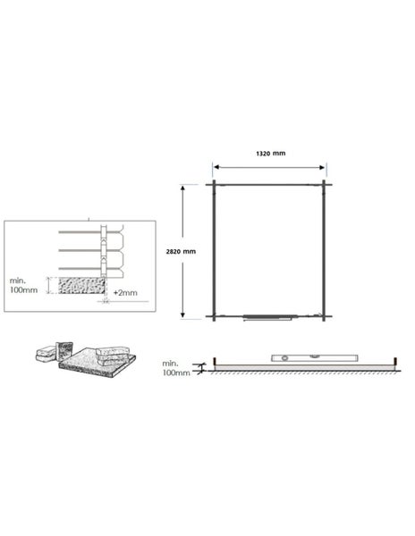 Technische Zeichnung eines Gartenhaus-Fundaments mit Maßen 1320 mal 2820 Millimeter und Details zur Mindesthöhe von 100 Millimeter.
