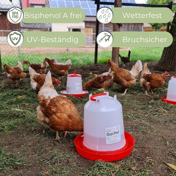 GarPet Geflügeltränke aus Kunststoff für Hühner im Freigehege, wetterfest, UV-beständig und bruchsicher, frei von Bisphenol A.