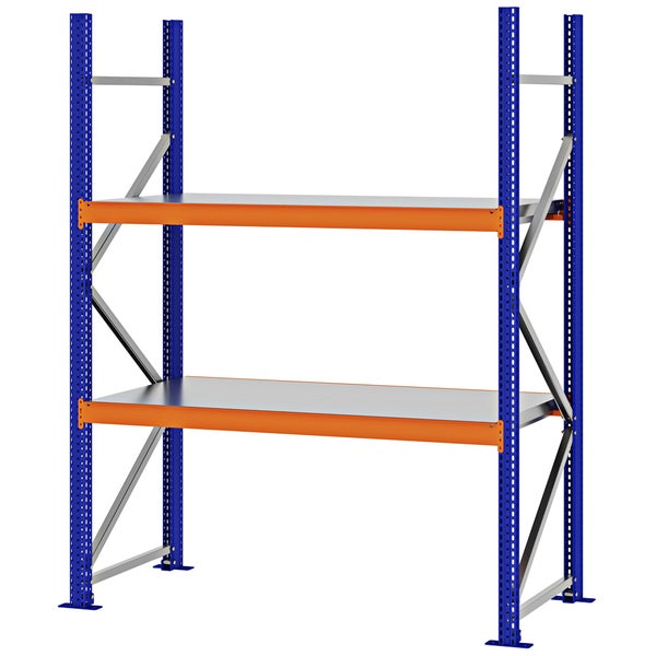 Schwerlastregal aus Metall mit zwei Ebenen, blauen Stehern und orangefarbenen Traversen.