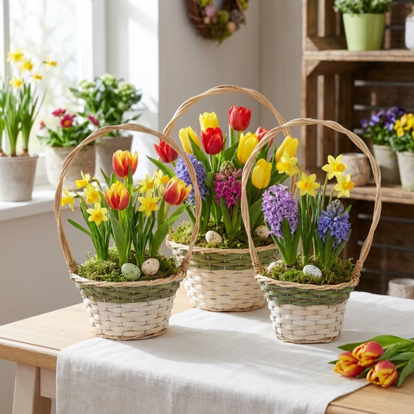 Drei bepflanzte Osterkörbe mit bunten Frühlingsblumen wie Tulpen und Hyazinthen auf einem Holztisch mit Dekoration für die Osterzeit.
