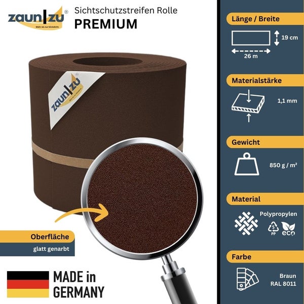 Zaun zu Premium Sichtschutzstreifen Rolle aus Polypropylen, glatt genarbt, Länge 26 Meter, Gewicht 850 Gramm pro Quadratmeter, Made in Germany