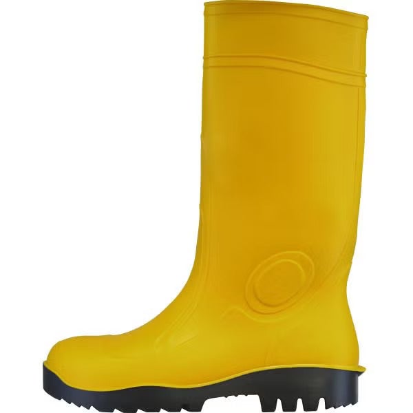 Gelber Gummistiefel mit schwarzer Profilsohle in Seitenansicht