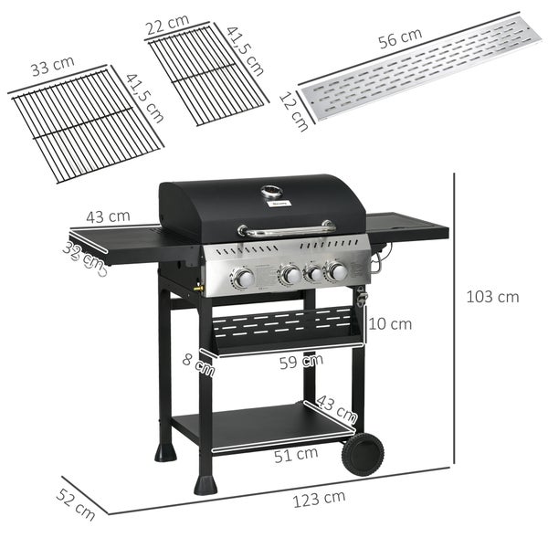 Outsunny Gasgrill 3 KW 3+1 Brenner BBQ Grillwagen aus Edelstahl inkl Seitenbrenner Thermometer Grillrost Kochfeld Flaschenöffner Seitenablagen Gas-Grill für Balkon Camping 123 x 52 x 101cm