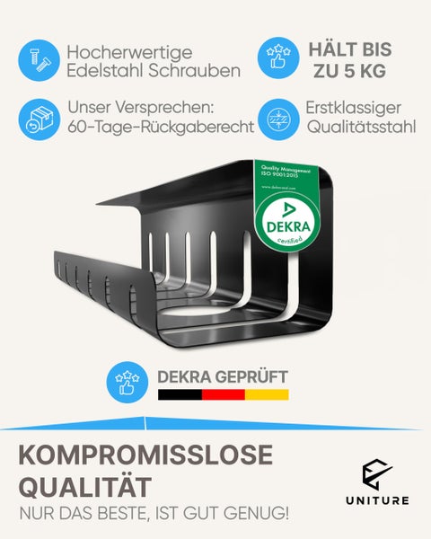 Schwarze Kabelwanne aus Edelstahl, 5 Kilogramm Tragkraft, Edelstahlschrauben, Rückgaberecht und DEKRA zertifiziert. UNITURE Logo.