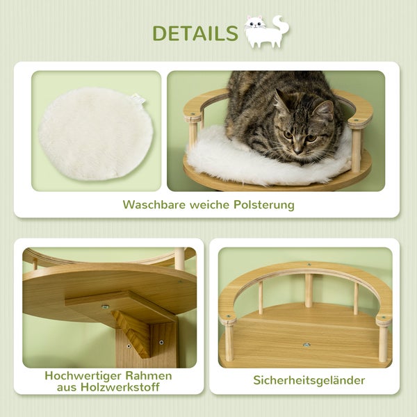 PawHut Katzen Kletterwand, Katzenliege für die Wand, Katzenbett für Wandmontage, Katzen Hängematte, Katzenplattform mit Kissen, Katzenmöbel, Eiche+Cremeweiß, Ø34 x 10,5 cm