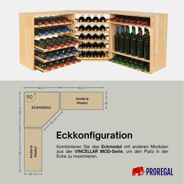 Hölzernes Weinregal Eckmodul der Serie Vincellar Mod mit Maßen in Zentimeter und Beispiel einer Eckkonfiguration.