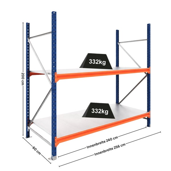 Schwerlastregal aus Metall in Blau und Orange, Höhe 200 Zentimeter, Tiefe 60 Zentimeter, Tragkraft 332 Kilogramm pro Boden.