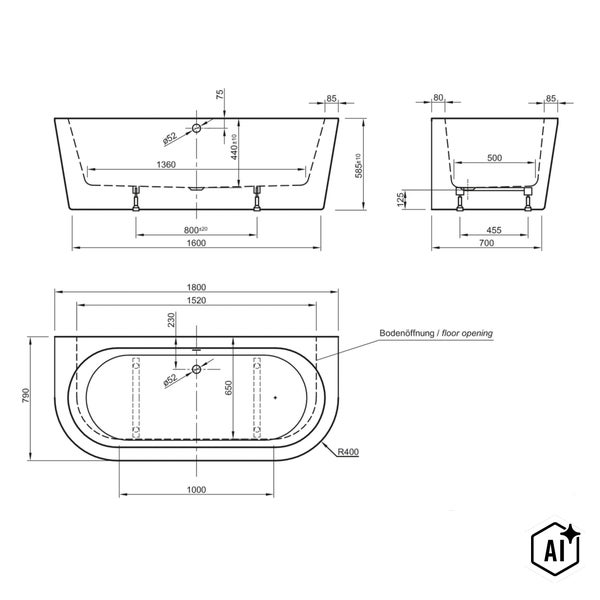 Technische Zeichnung mit Maßangaben für eine freistehende Badewanne inklusive Abflussdurchmesser und Bodenöffnung.