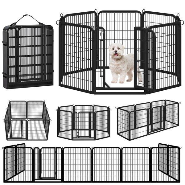 Mehrere Ansichten eines schwarzen Metall-Laufstalls für Hunde und andere Haustiere, zusammengeklappt und in verschiedenen Konfigurationen aufgestellt, mit einem kleinen weißen Hund im Inneren.