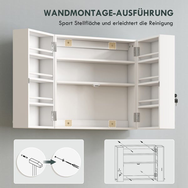Weißer Hängeschrank zur Wandmontage mit offenen Türen, Innenfächern und Montageskizzen.