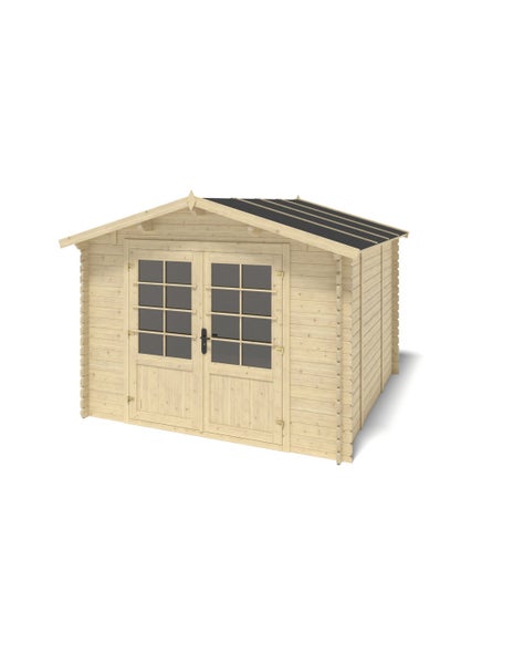 Gartenhaus aus Holz mit Doppeltür, Sprossenfenstern und Satteldach in Blockbohlenbauweise.