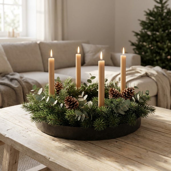Adventskranz mit vier brennenden Stumpenkerzen geschmückt mit Tannenzweigen, Zapfen und Eukalyptus auf einem rustikalen Holztisch im Wohnzimmer.