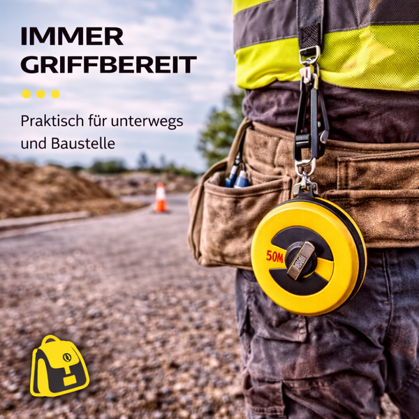 50 Meter langes Rollmaßband an einem Werkzeuggürtel auf einer Baustelle.