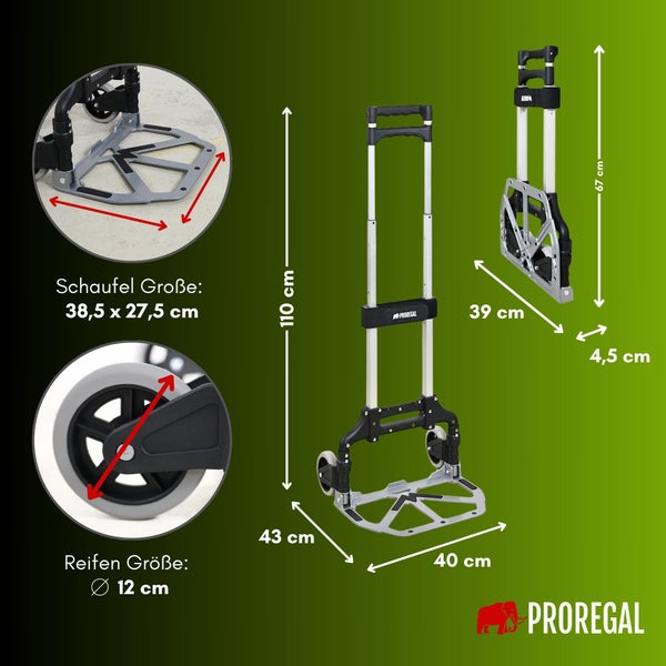 PROREGAL Klappbare Profi-Sackkarre ELEPHANT HxBxT 110x39x42cm Traglast 70kg Aluminiumrahmen, ergonomische Griffe, TRR Fachgummiräder Silber