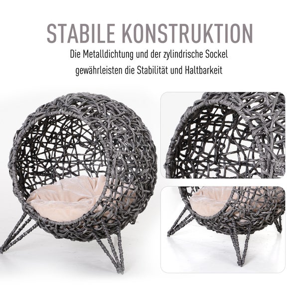 PawHut Katzenhaus aus Rattan, Ø52 x 58 cm, PE-Rattan, Silbergrau