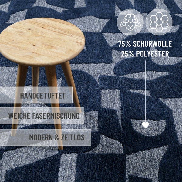Handgetufteter Teppich aus 75 Prozent Schurwolle und 25 Prozent Polyester, weiche Fasermischung, modernes und zeitloses Design.