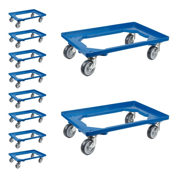 PROREGAL SparSet 10x Transportroller für Euroboxen 60 x 40 cm mit Gummiräder Blau Offenes Deck 2 Lenkrollen und 2 Bockrollen Traglast 300 kg