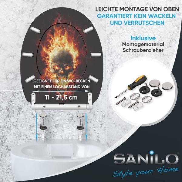 Toilettensitz mit brennendem Totenkopf-Motiv von Sanilo. Montage von oben für Lochabstände von 11 bis 21,5 Zentimeter. Zubehör inklusive. Sanilo Logo.