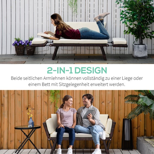 Outsunny Polyrattan Gartensofa, 2 Sitzer Loungesofa, klappbar Armlehnen, 129 x 63 x 67 cm, Stahl, Braun