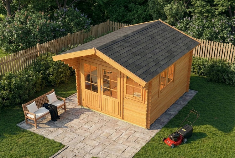 Garten Szene mit Holzgartenhaus, Rasenmäher und Gartenbank