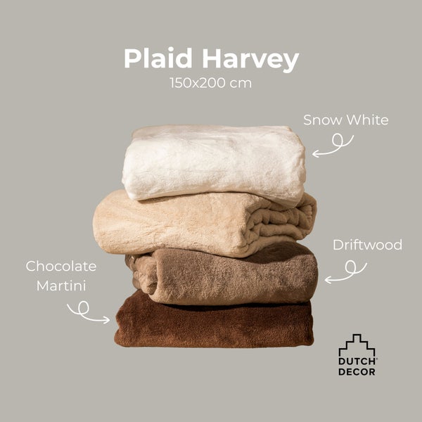 Stapel aus Harvey-Plaids in den Farben Snow White, Driftwood und Chocolate Martini, Größe 150x200 cm, Dutch Decor Logo