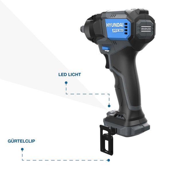 Hyundai Akku Schlagschrauber 20 Volt mit bürstenlosem Motor, LED Arbeitslicht und Gürtelclip