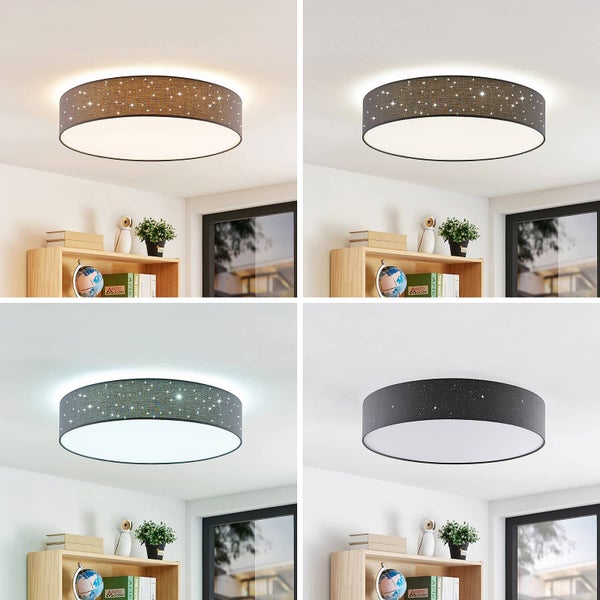 Runde LED-Deckenleuchte mit grauem Stoffschirm und Sterneffekt, dargestellt in vier Farbtemperaturen von Warmweiß bis Kaltweiß.