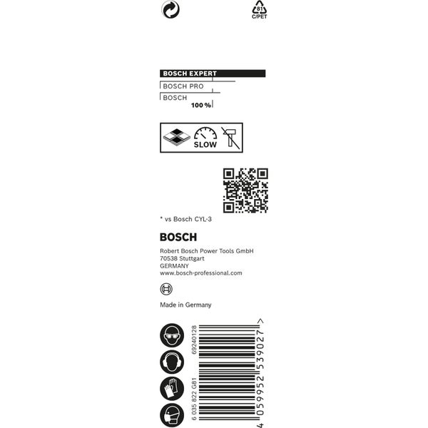 Bosch Experte, Bosch Pro, Bosch Logo, 100 Prozent, Langsam, QR-Code, Hergestellt in Deutschland, Recycling Symbol, Augenschutz erforderlich, Gehörschutz erforderlich, Handschuhe erforderlich, Atemschutz erforderlich, Barcode
