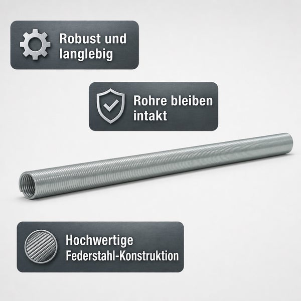 Rohrbiegefeder aus Federstahl zur Formgebung von Rohren mit Hinweisen zu Robustheit und Schutz.