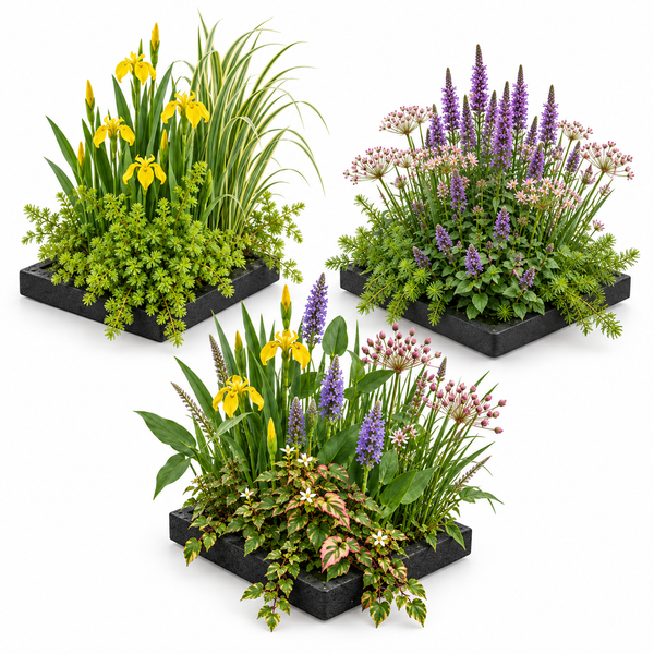 Drei verschiedene Sets mit Sumpfpflanzen und Teichpflanzen in schwarzen Pflanzschalen zur Gestaltung von Gartenteichen.