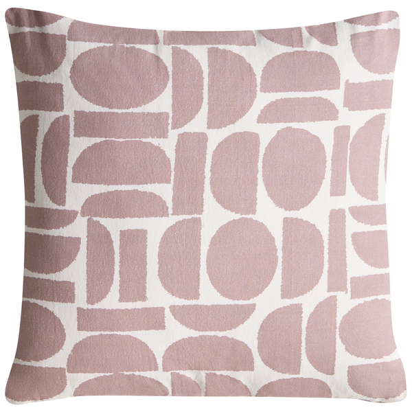 Quadratisches Dekokissen mit geometrischem Muster in Rosa und Weiß.