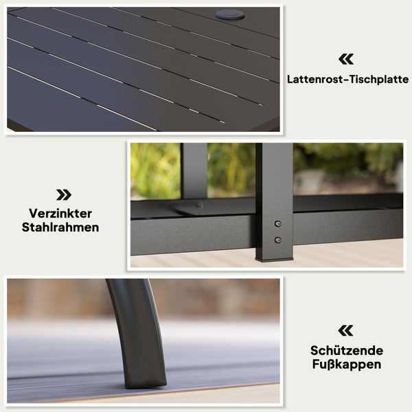Outsunny Gartentisch Stahl 150x90 cm Wetterfest Balkontisch mit Schirmloch, Lamellen-Design Buffettisch Campingtisch für 6 Personen Terrassentisch Outdoor Esstisch für Garten, Terrasse Balkon Schwarz