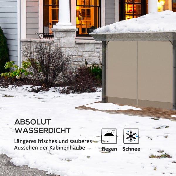 Wasserdichte Schutzhülle für eine Kabinenhaube in verschneiter Umgebung, schützt vor Regen und Schnee.