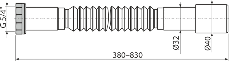 Maßzeichnung flexibler Siphonanschluss, G 5/4 Zoll, Durchmesser 32 und 40 Millimeter, Länge 380 bis 830 Millimeter.
