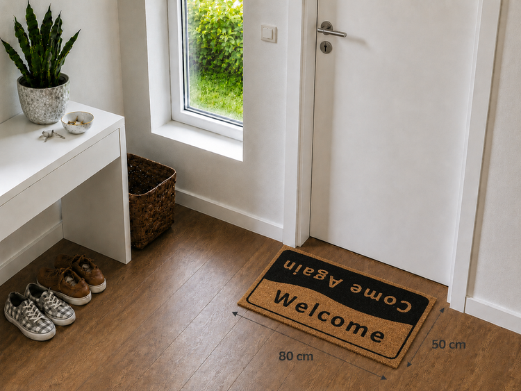 Fußmatte mit Welcome und Come Again Schriftzug vor weißer Tür auf Holzboden im hellen Flur, Maße 80 mal 50 Zentimeter.