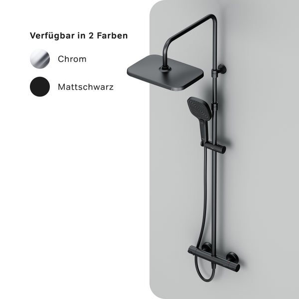 Duschsystem mit Kopfbrause und Handbrause, zur Wandmontage, in zwei Ausführungen erhältlich: Chrom oder mattschwarz.