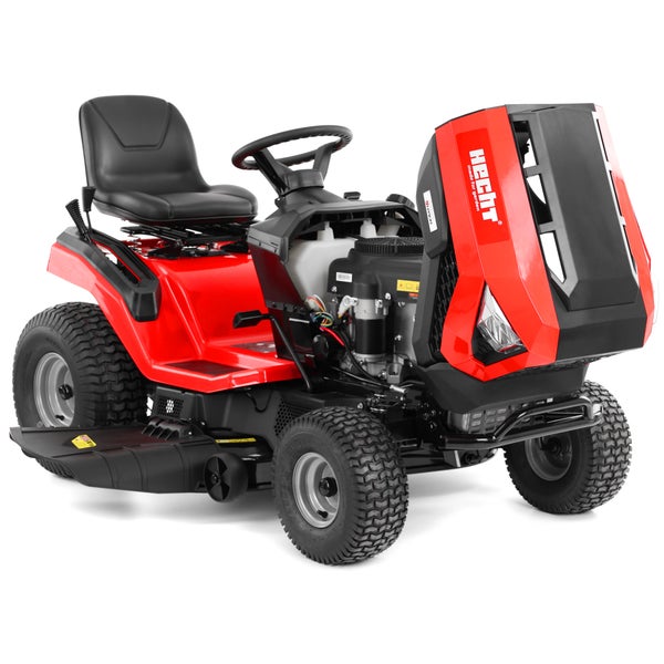 Hecht Aufsitzmäher mit geöffneter Motorhaube, Lenkrad, Fahrersitz und Seitenauswurf.