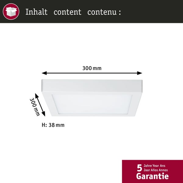 Quadratische Deckenleuchte, Maße 300 mal 300 Millimeter, Höhe 38 Millimeter. Fünf Jahre Garantie.