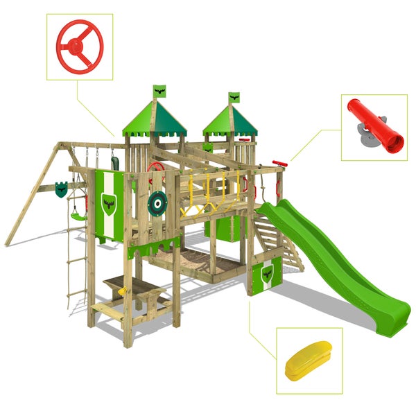 Fatmoose Spielturm Klettergerüst FunnyFortress mit Doppelschaukel, Brücke und Rutsche – apfelgrün