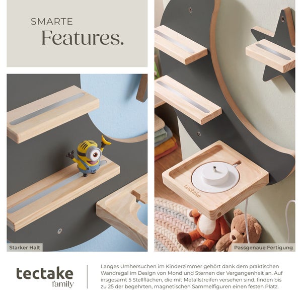 Tectake Wandregal für das Kinderzimmer in Form von Mond und Sternen mit magnetischen Stellflächen für Spielfiguren