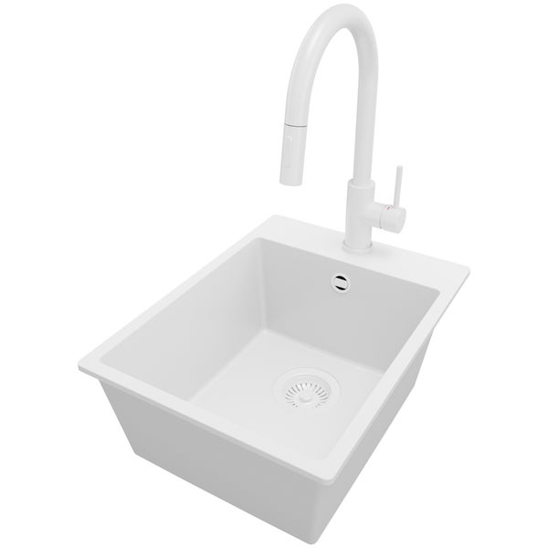 PRIMAGRAN Granitspüle Weiß 41x47cm, Spülbecken 1 Becken + Küchenarmatur 40x20cm + Ablauf-Set + Aufrollbare Abtropffläche, Küchenspüle ab 45er Unterschrank - Praga Slim