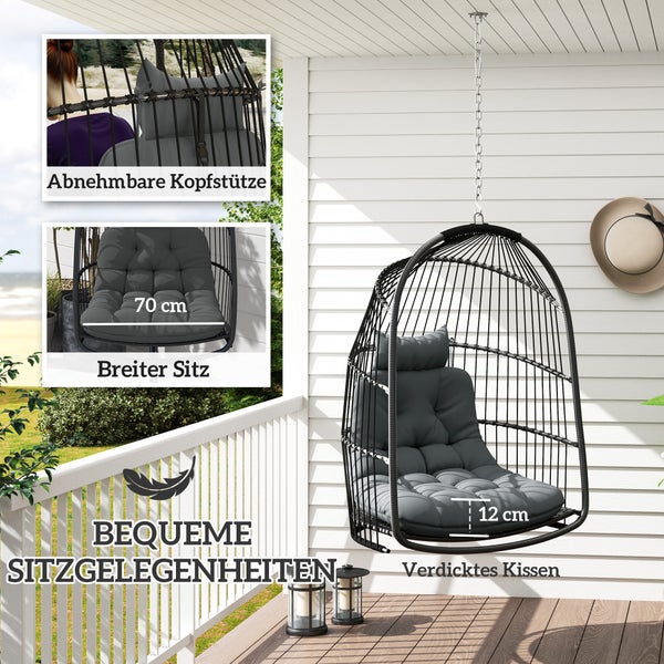 Outsunny Hängesessel Hängekorb mit Kissen Polyrattan Schaukel Outdoor Indoor faltbar Hängestuhl belastbar bis 150kg Hängeschaukel Korbhängesessel für Wohnzimmer Balkon Terrasse Dunkelgrau