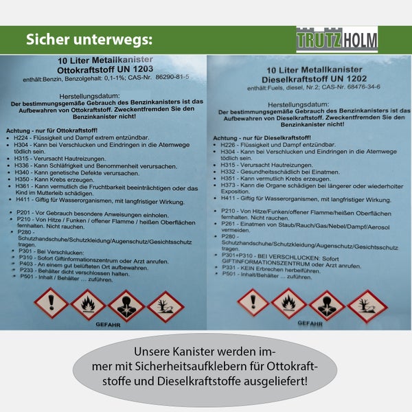 Trutzholm Metallkanister Sicherheitshinweise fuer Benzin und Diesel mit Gefahrenpiktogrammen und Sicherheitshinweisen auf Deutsch.