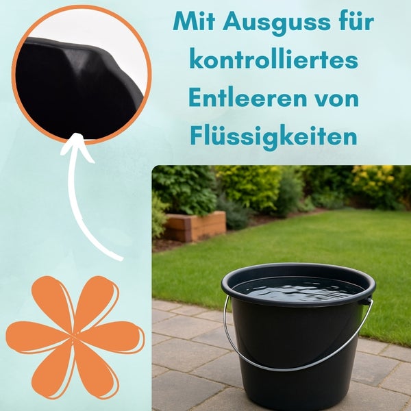 Schwarzer Eimer mit Ausguss und Metallgriff im Garten
