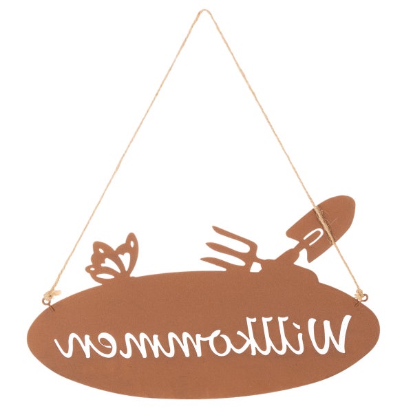 Ovales Garten-Türschild mit Ausschnitt Willkommen, Schmetterling, Gartenkralle und Schaufel, an einer Kordel hängend.