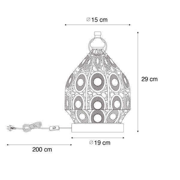 Skizze einer Tischleuchte mit den Maßen 15 Zentimeter Durchmesser oben, 19 Zentimeter Durchmesser unten und 29 Zentimeter Höhe