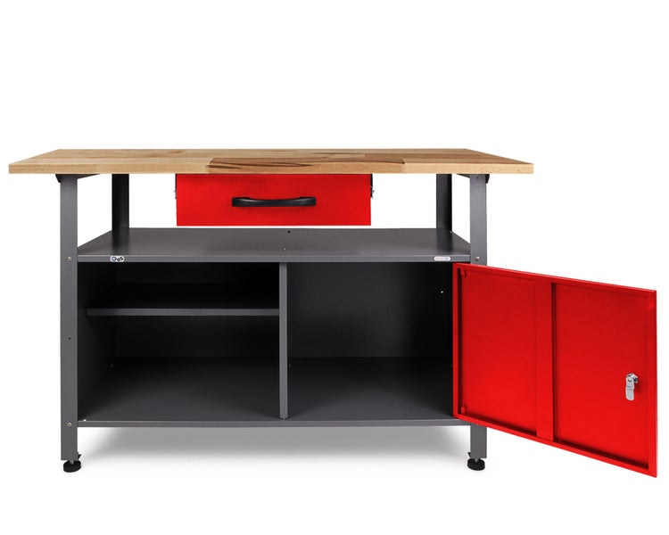 Ondis24 Werkstatt Set Ecklösung Simple One 85 cm rot Buche, Werkstatteinrichtung, Werkbank