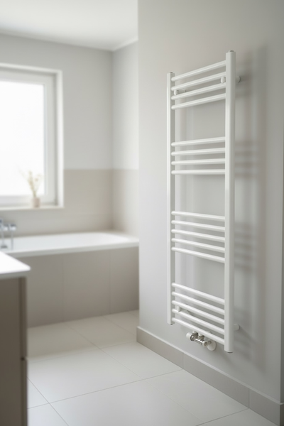 Heller, freundlicher Badraum mit weißem Heizkörper für Handtücher an der Wand